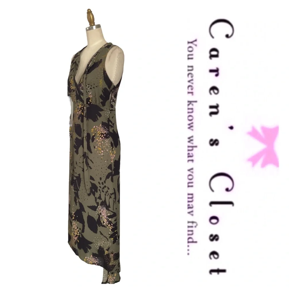 Bar III Olive Green Organic Print Sleeveless High Low Midi Dress - Picture 6 of 11